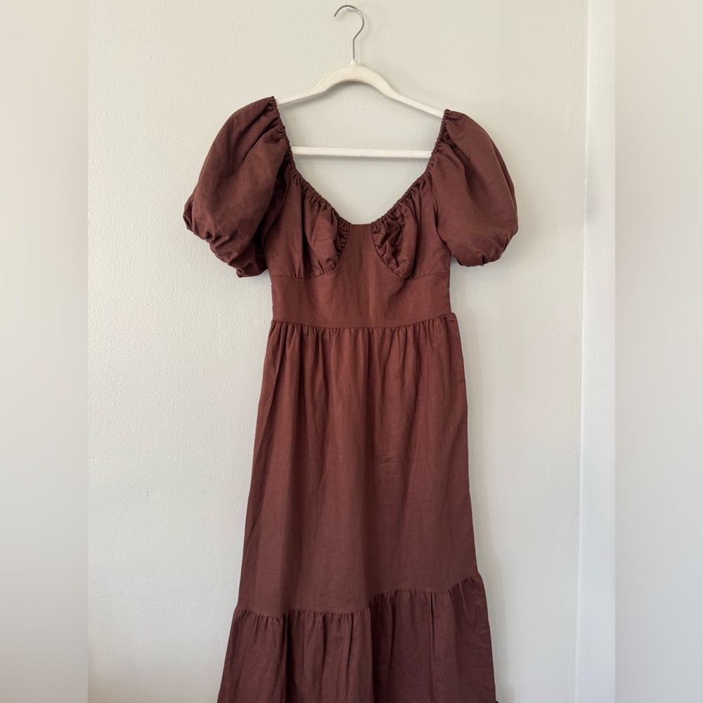 Peppermayo Brown Peasant Puff Sleeve Linen Blend Tiered Maxi Dress - Picture 5 of 10